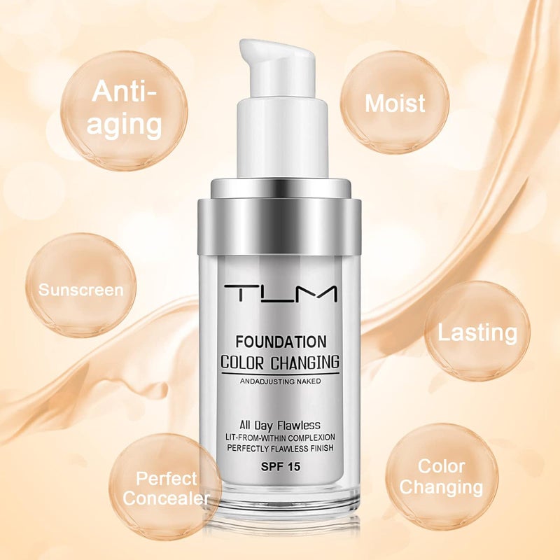 TLM 2 PACK TLM Color Changing Foundation Liquid Base,TLM Concealer Cover Cream,All Day Flawless Warm Skin Tone BB Cream Makeup Base Concealer for All Skin SPF15 - Image 4