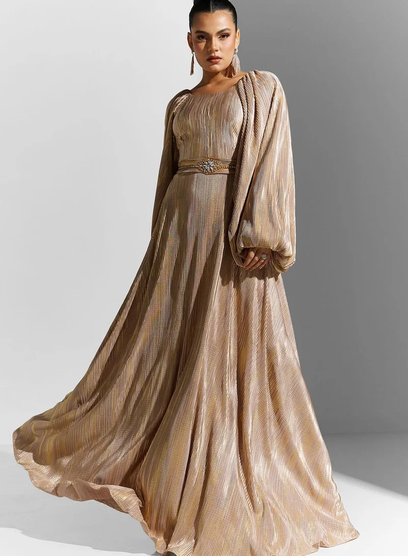 ali_asaad Cape Sleeve Embellished Belted Dress