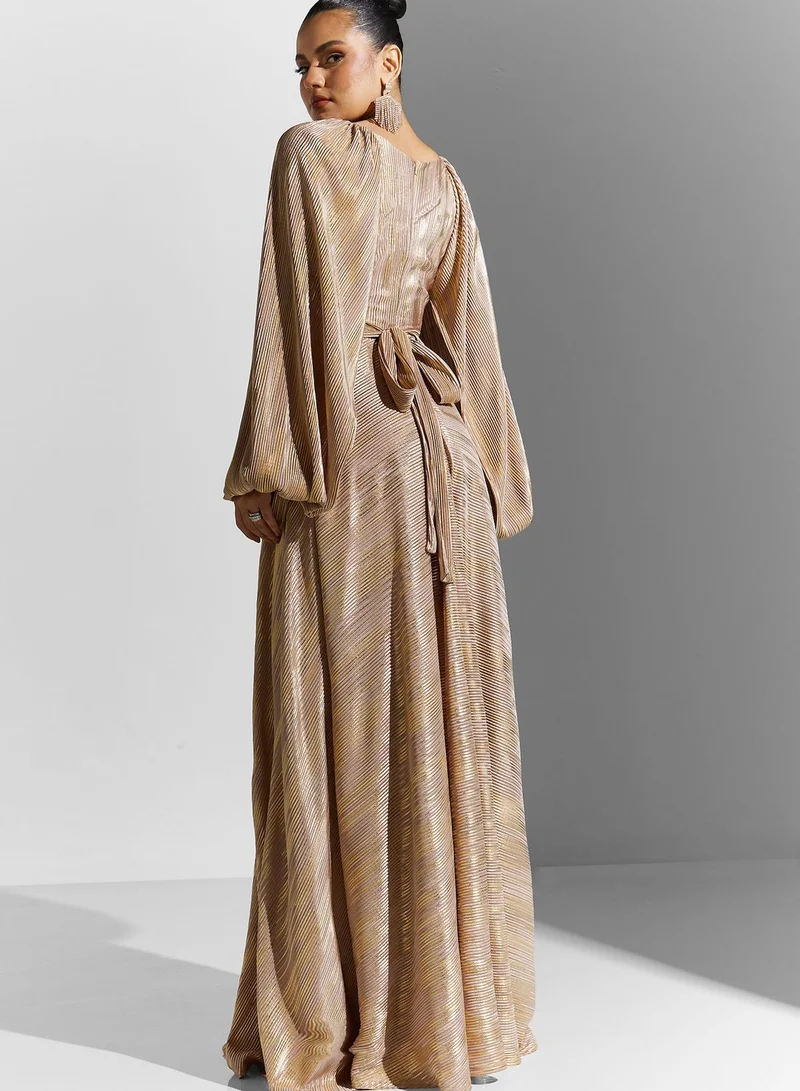 ali_asaad Cape Sleeve Embellished Belted Dress