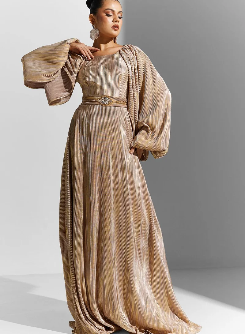 ali_asaad Cape Sleeve Embellished Belted Dress