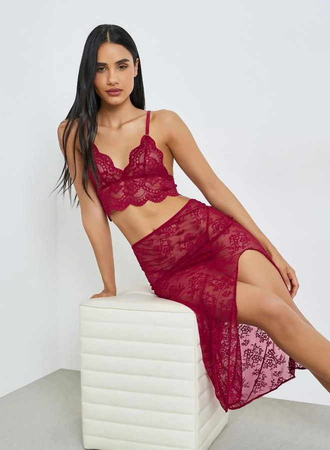Styli Pack of 3 - Non Padded Non Wired Floral Lace Bralette, Skirt and Brief Set