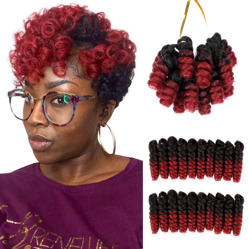 QUEENTAS 3Packs 10 inch Short Crochet Hair for Black Women Red Synthetic Jamaican Bounce Curly Hair Extension African Crochet Braiding Hair8mm Prelooped Spiral Afro Twist Jerry CurlBlackBurgundy