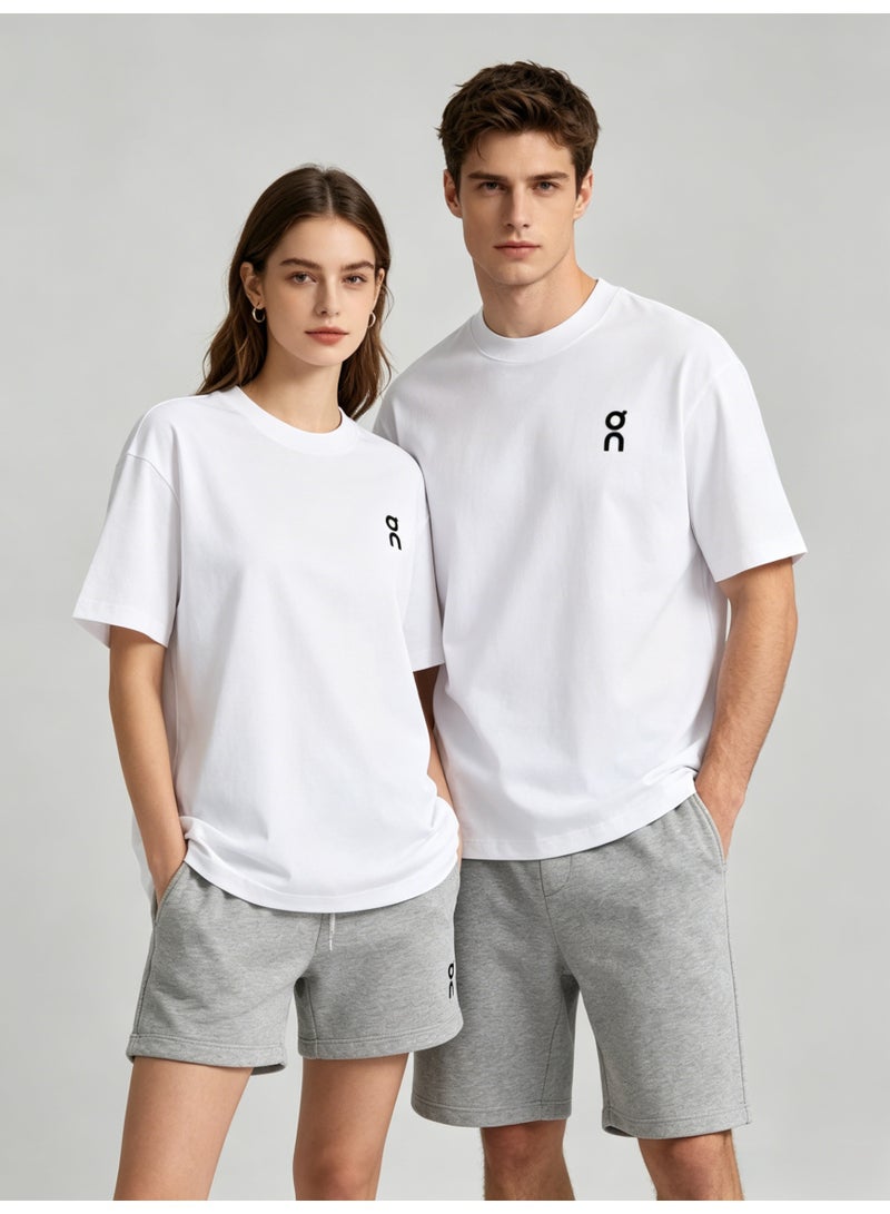 اون راننج On Unisex Plain White Minimal Logo Crew Neck Couple T-Shirt - Image 1