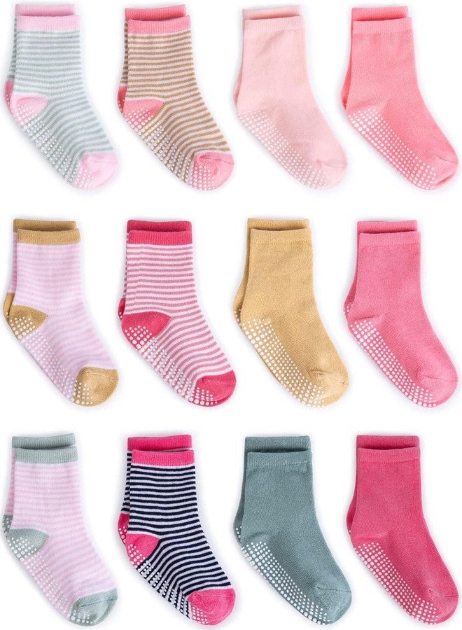 ZAPLES Baby Girls Non Slip Grip Crew Socks with Anti Skid Soles for Infants Toddlers Kids, Pink Princess 12 Pairs, 4-7 Years - Image 1