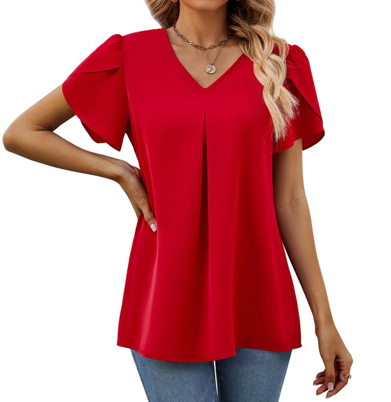 Funlingo Womens Tops Petal Short Sleeve V Neck Dressy Elegant Work Blouse Plus Size Summer Casual Loose Fit Tunic Tops for Leggings Red XL - Image 2