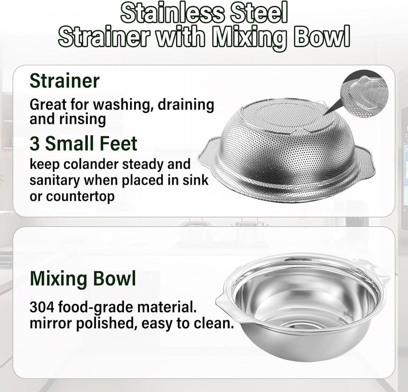 POPGRADE Stainless Steel Colander for Kitchen, 2.5QT Rice Washer Strainer with Mixing Bowl, Colander Bowl Set with Microporous for Washing Rice, Pasta, Spaghetti, Fruits, Dishwasher Safe(2PC) - Image 3