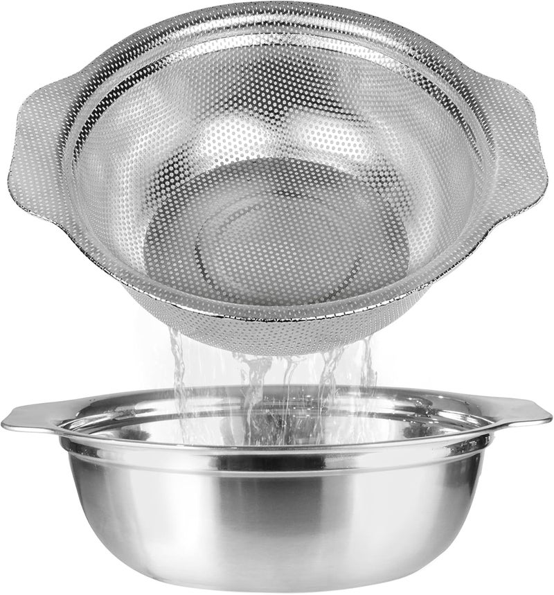 POPGRADE Stainless Steel Colander for Kitchen, 2.5QT Rice Washer Strainer with Mixing Bowl, Colander Bowl Set with Microporous for Washing Rice, Pasta, Spaghetti, Fruits, Dishwasher Safe(2PC) - Image 1