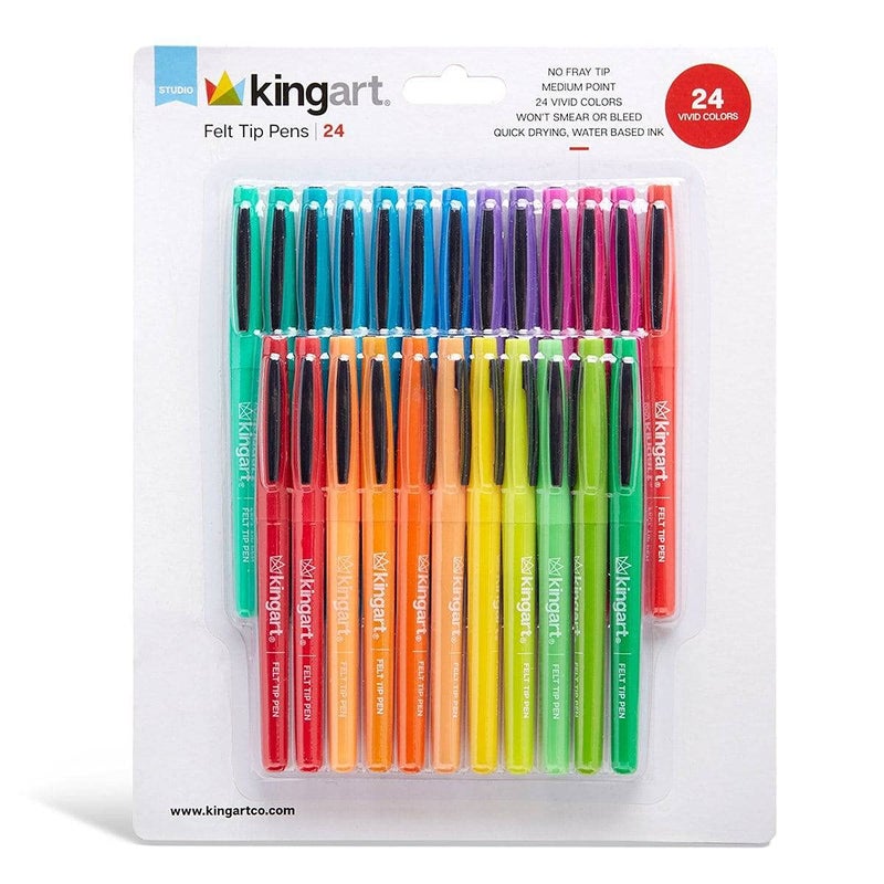 KINGART 46524 FELT TIP PEN MARKERS Medium Point Bright Colors For Writing Journaling Note Taking Set of 24