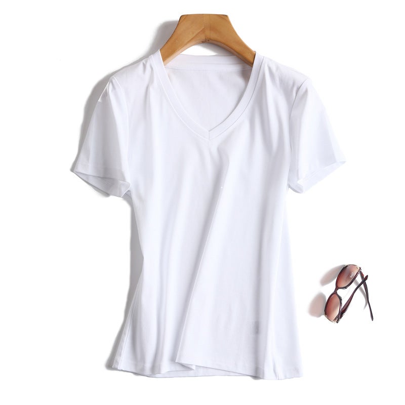 ! It Feels Good To Burst 15 Colors V Neck/Round Neck Mercerized Cotton Pure Color Short-Sleeved Basic T-Shirt For Women - Image 4