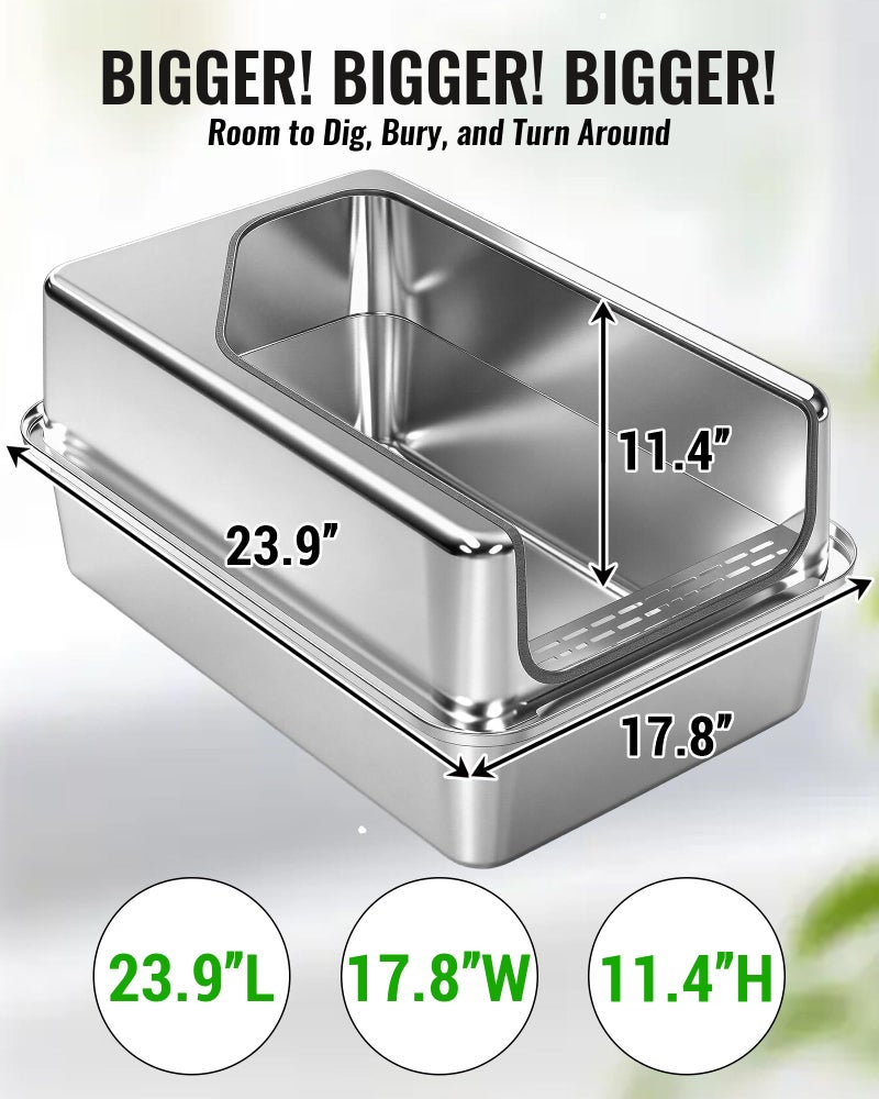 PETNF All Metal Cat Litter Box - All Stainless Steel Litter Box, Odor-Free Large Capacity with Included Litter Scoop, Leak-Proof High-Sided, Easy-to-Maintain for Big Cats & Multi-Cat Homes (1 Pack) - Image 2