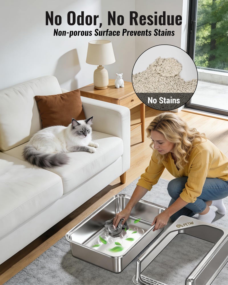 PETNF All Metal Cat Litter Box - All Stainless Steel Litter Box, Odor-Free Large Capacity with Included Litter Scoop, Leak-Proof High-Sided, Easy-to-Maintain for Big Cats & Multi-Cat Homes (1 Pack) - Image 3