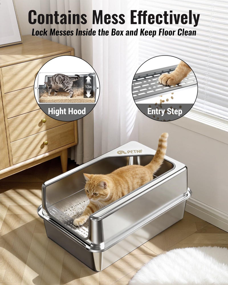 PETNF All Metal Cat Litter Box - All Stainless Steel Litter Box, Odor-Free Large Capacity with Included Litter Scoop, Leak-Proof High-Sided, Easy-to-Maintain for Big Cats & Multi-Cat Homes (1 Pack) - Image 4