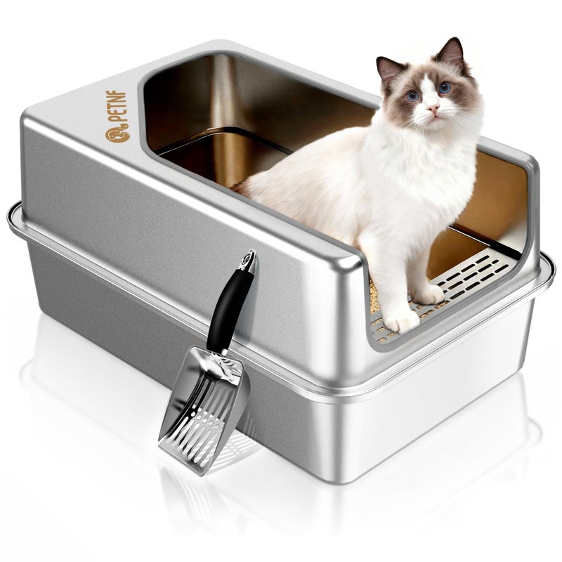 PETNF All Metal Cat Litter Box - All Stainless Steel Litter Box, Odor-Free Large Capacity with Included Litter Scoop, Leak-Proof High-Sided, Easy-to-Maintain for Big Cats & Multi-Cat Homes (1 Pack) - Image 1