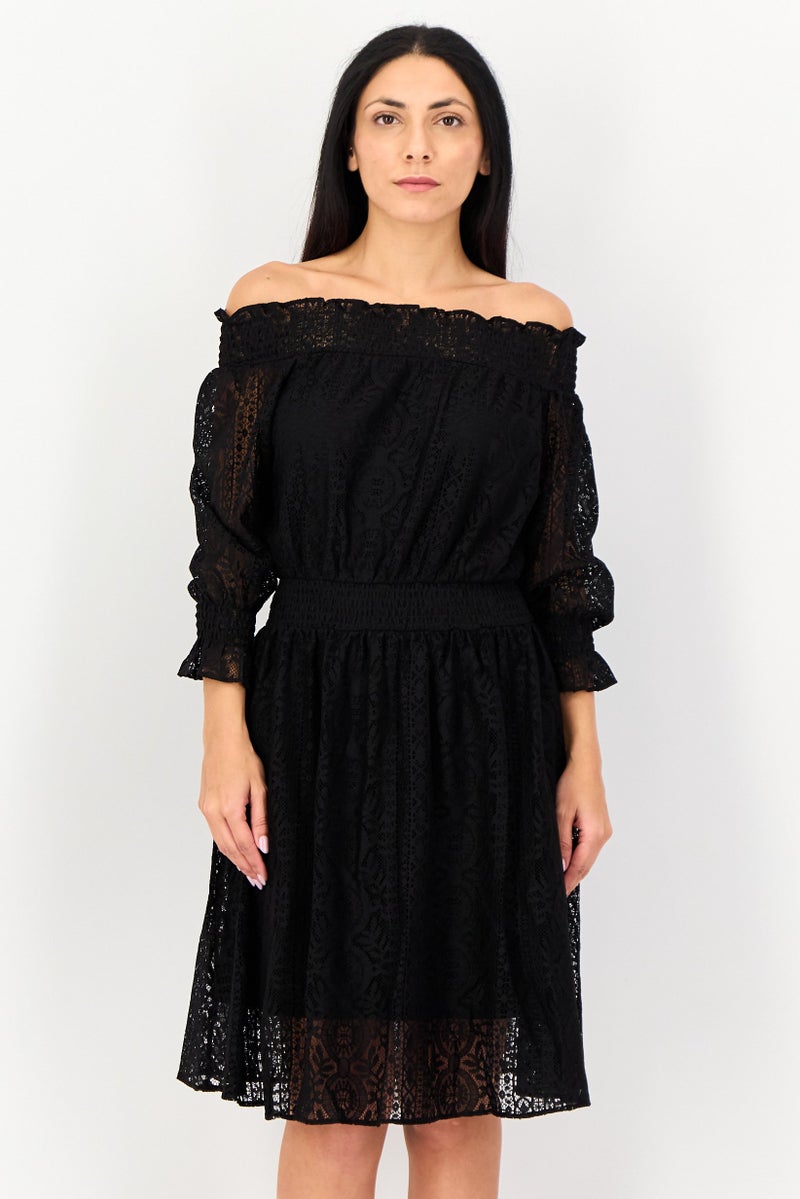 VERO MODA فستان نسائي بتصميم A-line من الدانتيل المنقوش، أسود - Image 1