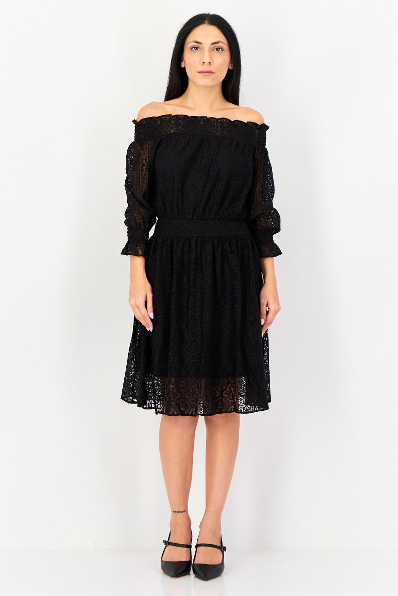 VERO MODA فستان نسائي بتصميم A-line من الدانتيل المنقوش، أسود - Image 3