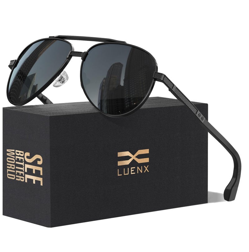 LUENX Aviator Sunglasses for Men Polarized Driving Sun GlassesUV400 Protection 60mm Black Lens Black Frame - Image 2