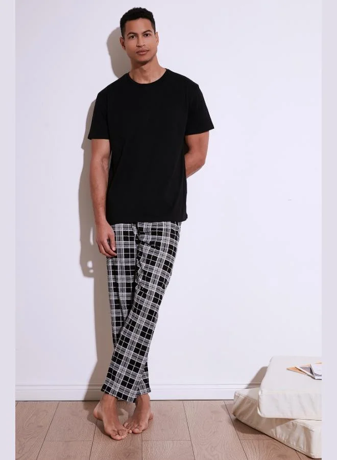 بوراتي طقم بيجامة رجالي قطن كاروهات بقصة عادية بأكمام قصيرة بوراتي