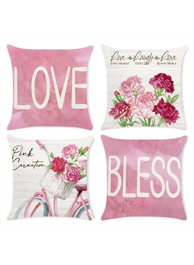 Bonhause Pink Floral Throw Pillow Covers 18x18 Set of 4 Pink Carnation Love Bless Pillows Case Soft Velvet Gift for Mother Grandma Gift Birthday Home Decor - Image 1