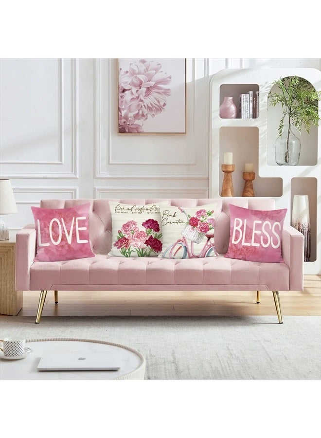 Bonhause Pink Floral Throw Pillow Covers 18x18 Set of 4 Pink Carnation Love Bless Pillows Case Soft Velvet Gift for Mother Grandma Gift Birthday Home Decor - Image 2