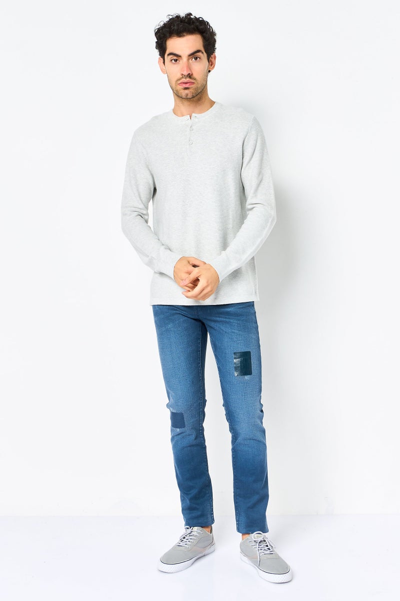 Celio Men Henley Neck Heather Long Sleeve Sweater, Grey Melange - Image 2
