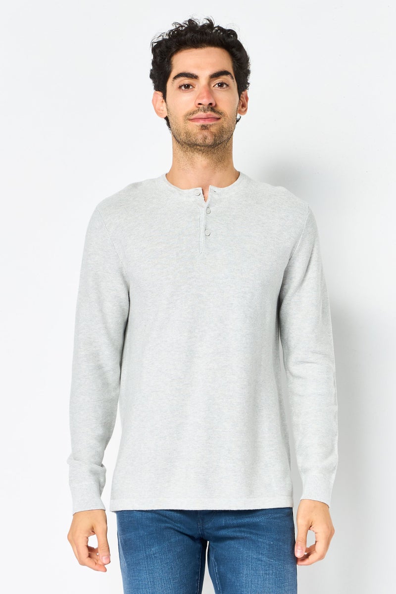 Celio Men Henley Neck Heather Long Sleeve Sweater, Grey Melange - Image 1