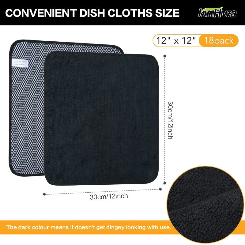 KinHwa Kitchen Washcloths for Dishes Absorbent Microfiber Dish Cloths Quick Dry Dish Rags with Poly Scour Scrub Side Ideal for Kitchen Cleaning and Housekeeping  (Black  12inchx12inch 18 Pack) - Image 3