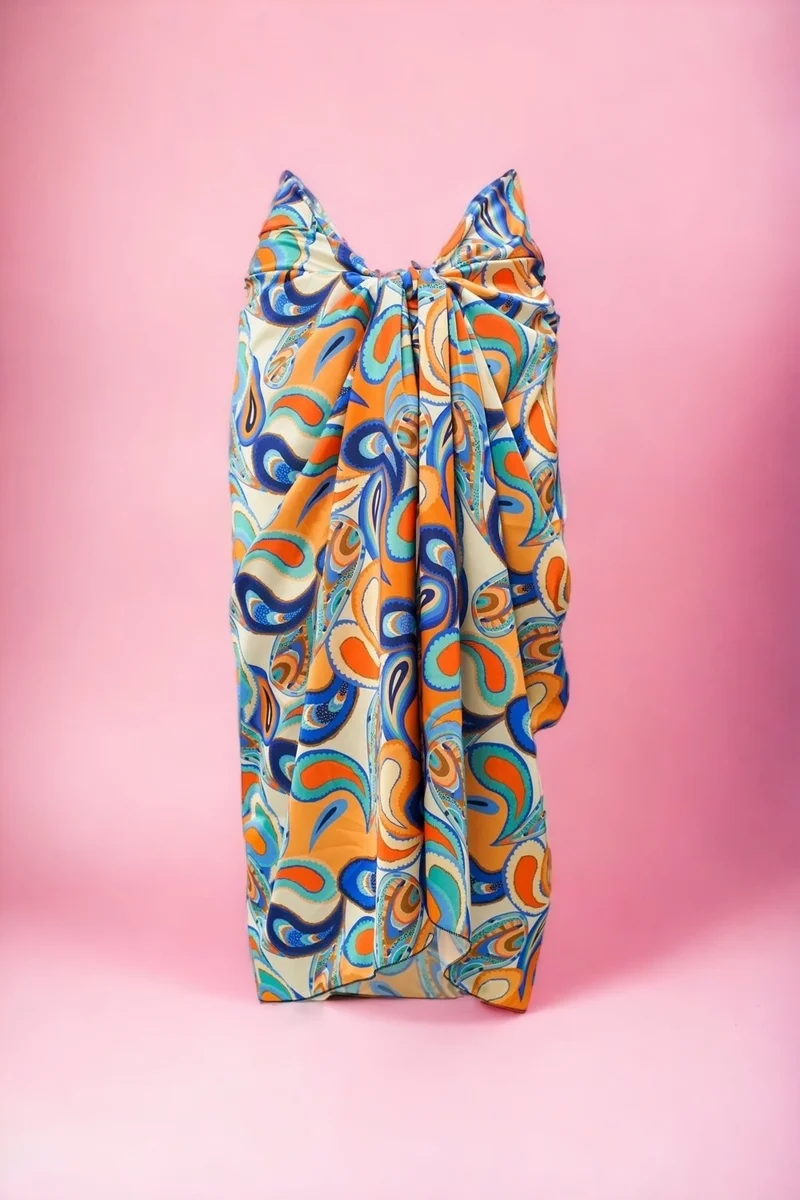 بيستور Orange Blue Ethnic Patterned Long Pareo Satin See-through Women's Beach Dress New Season
