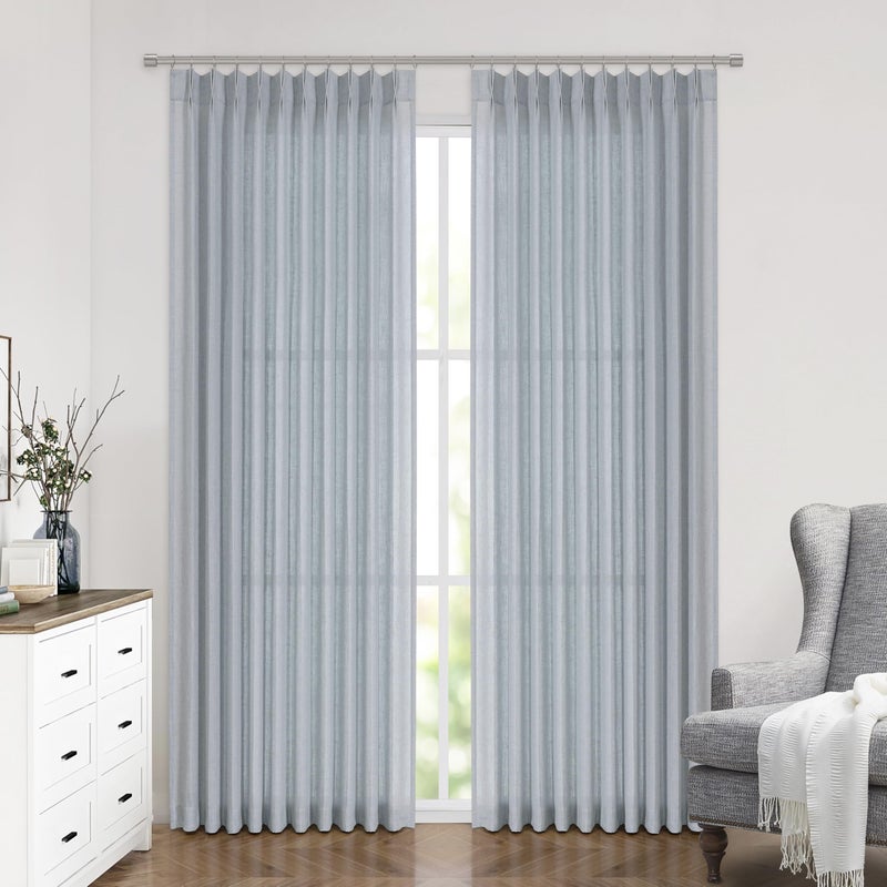 Vision Home Blue Fog Pinch Pleated Semi Sheer Curtains Textured Linen Blended Light Filtering Window Curtains 112 inch for Living Room Bedroom Patio Pinch Pleat Drapes with Hooks 1 Panel 60"" Wx112 L - Image 2