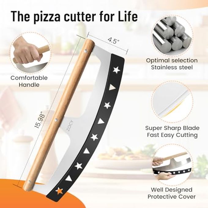 ZOCY Pizza Cutter Rocker with Wooden Handles & Protective Cover by Zocy, 16" Sharp Stainless Steel Pizza Slicer Wheel, Big Pizza Knife Cutters for Kitchen Tool (16inch) - Image 2