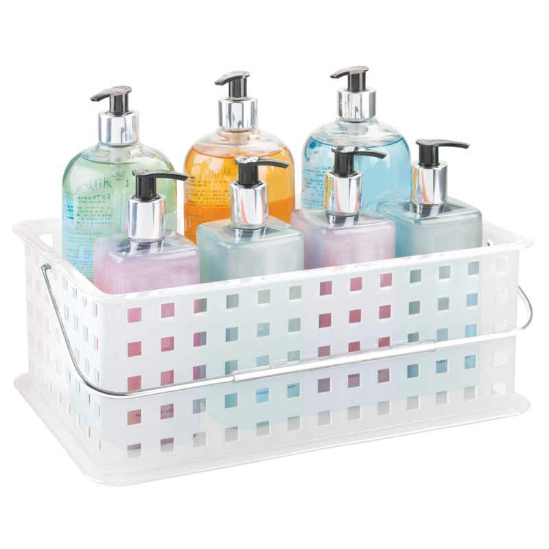 InterDesign iDesign Spa Storage Organizer Basket with Handle, Stackable Container for Bathroom, Health, Cosmetics, Hair Supplies and Beauty Products, 8.69" x 13.94" x 5.12", Frost White - Image 1