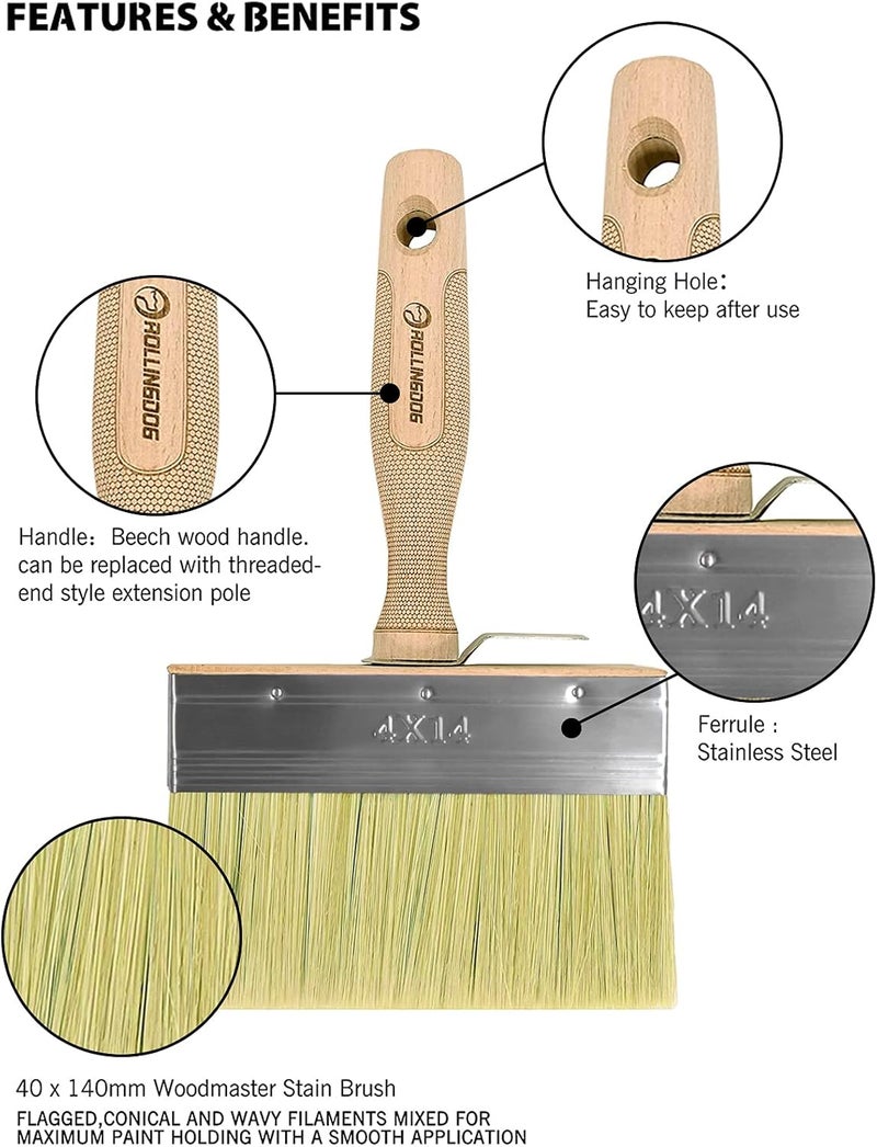 Rolling Dog 2PC 5.5" Deck Stain Brush - Limewash Brush Wood Handle Large Deck Brushes Applicator for Wall, Wood, Fence, Floor Painting - Image 5