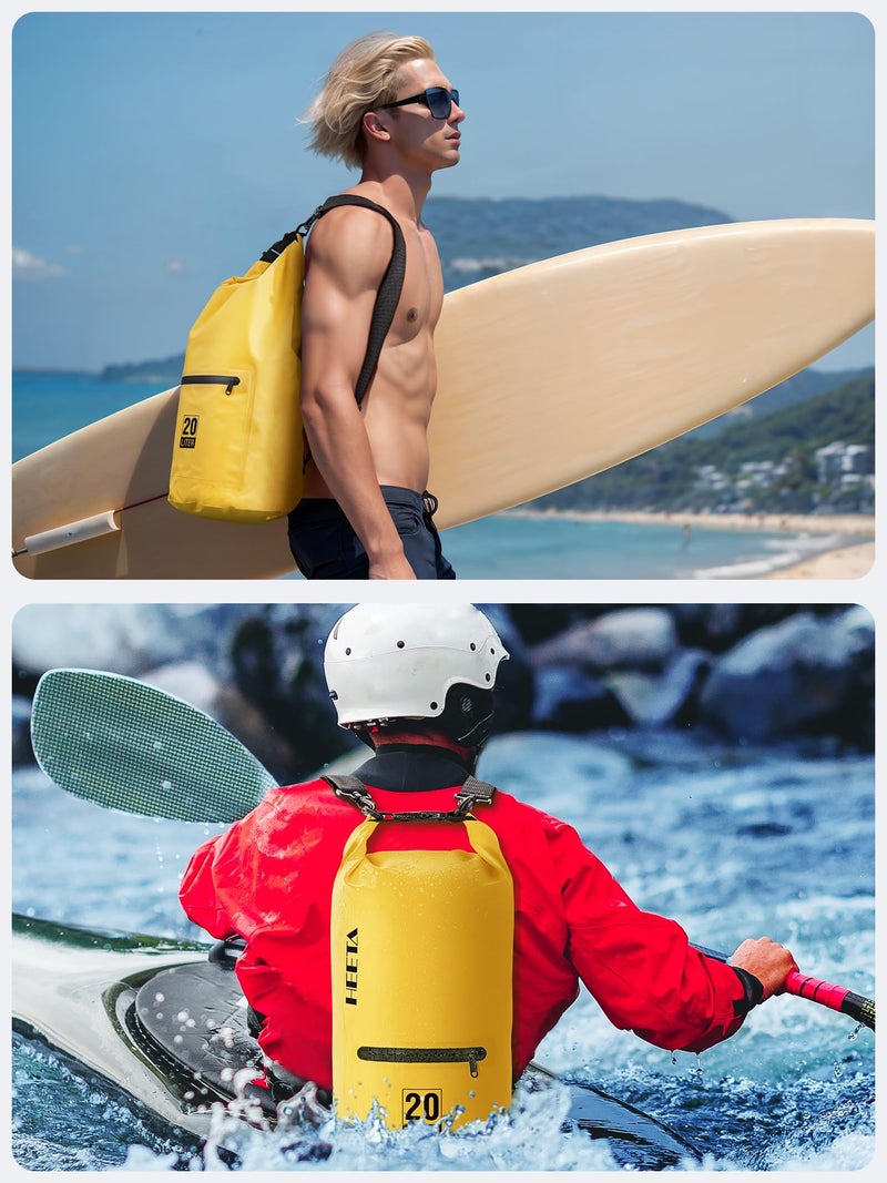 HEETA Waterproof Dry Bag with Front Zippered Pocket for Women Men, 5L/10L/20L/30L/40L Roll Top Lightweight Dry Storage Bag Backpack for Travel, Kayaking, Boating, Rafting, Camping, Beach(Yellow, 5L) - Image 5