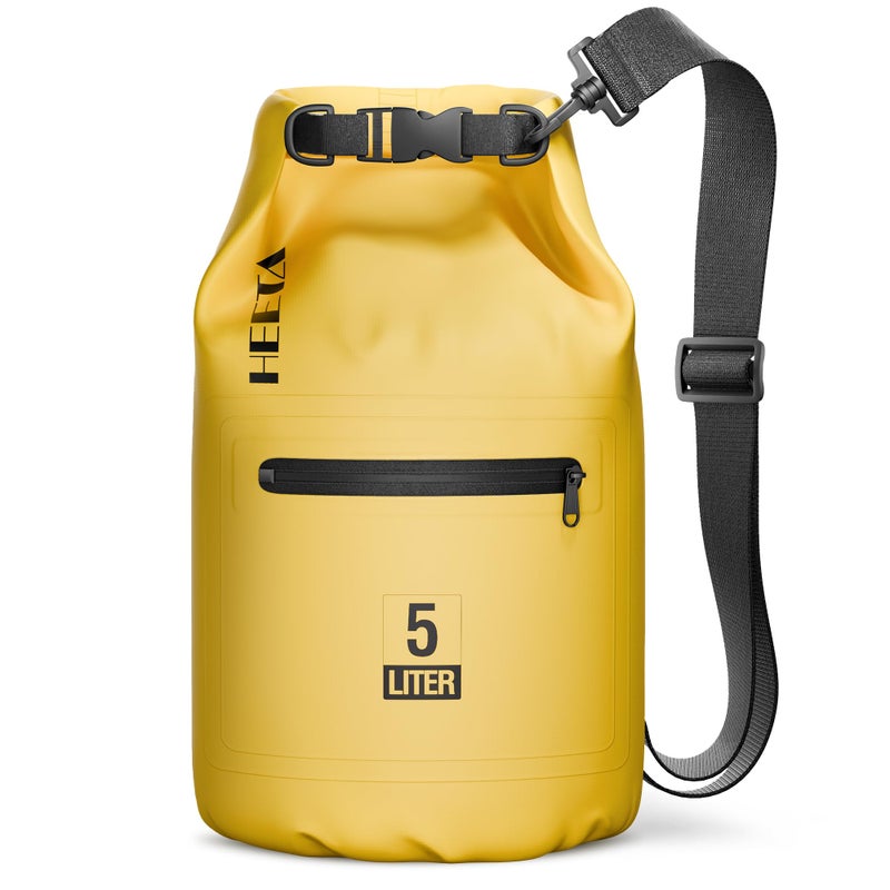HEETA Waterproof Dry Bag with Front Zippered Pocket for Women Men, 5L/10L/20L/30L/40L Roll Top Lightweight Dry Storage Bag Backpack for Travel, Kayaking, Boating, Rafting, Camping, Beach(Yellow, 5L) - Image 1