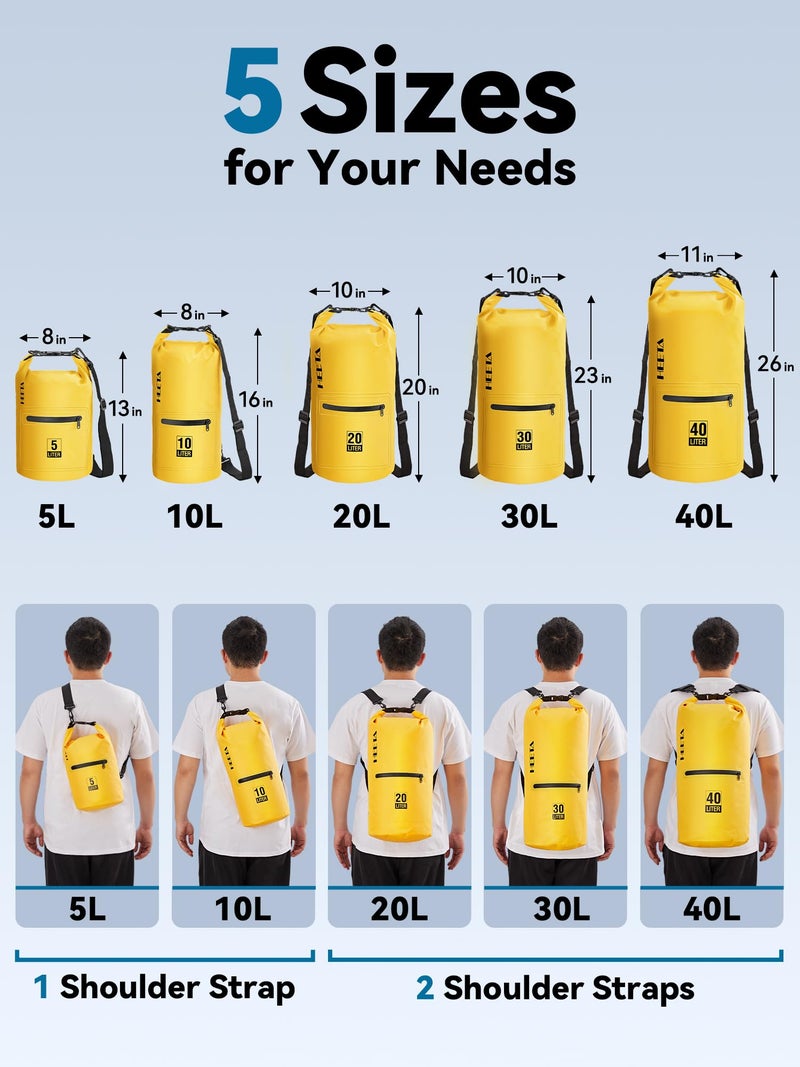HEETA Waterproof Dry Bag with Front Zippered Pocket for Women Men, 5L/10L/20L/30L/40L Roll Top Lightweight Dry Storage Bag Backpack for Travel, Kayaking, Boating, Rafting, Camping, Beach(Yellow, 5L) - Image 2