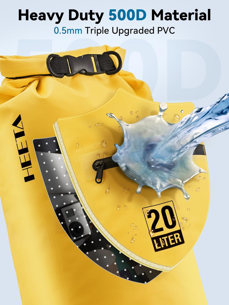 HEETA Waterproof Dry Bag with Front Zippered Pocket for Women Men, 5L/10L/20L/30L/40L Roll Top Lightweight Dry Storage Bag Backpack for Travel, Kayaking, Boating, Rafting, Camping, Beach(Yellow, 5L) - Image 4