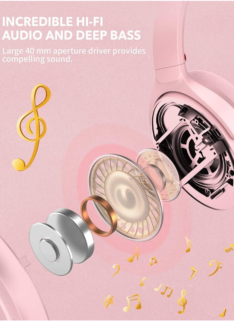 Wireless Bluetooth Headphones, Foldable Over-Ear Headphones, HIFI Stereo Noise Canceling Headphones, Wireless Headphones for iPad/Tablet/Travel (Pink)