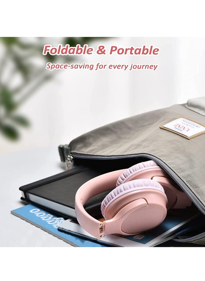 Wireless Bluetooth Headphones, Foldable Over-Ear Headphones, HIFI Stereo Noise Canceling Headphones, Wireless Headphones for iPad/Tablet/Travel (Pink)
