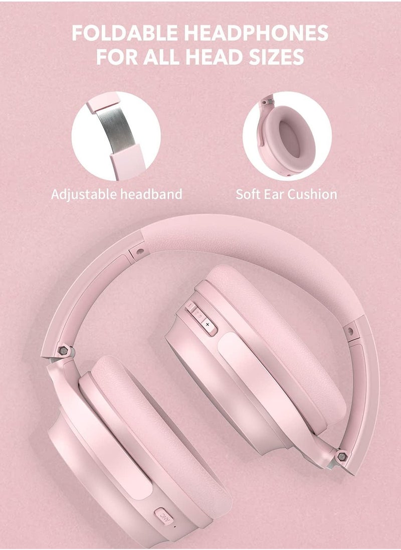 Wireless Bluetooth Headphones, Foldable Over-Ear Headphones, HIFI Stereo Noise Canceling Headphones, Wireless Headphones for iPad/Tablet/Travel (Pink)