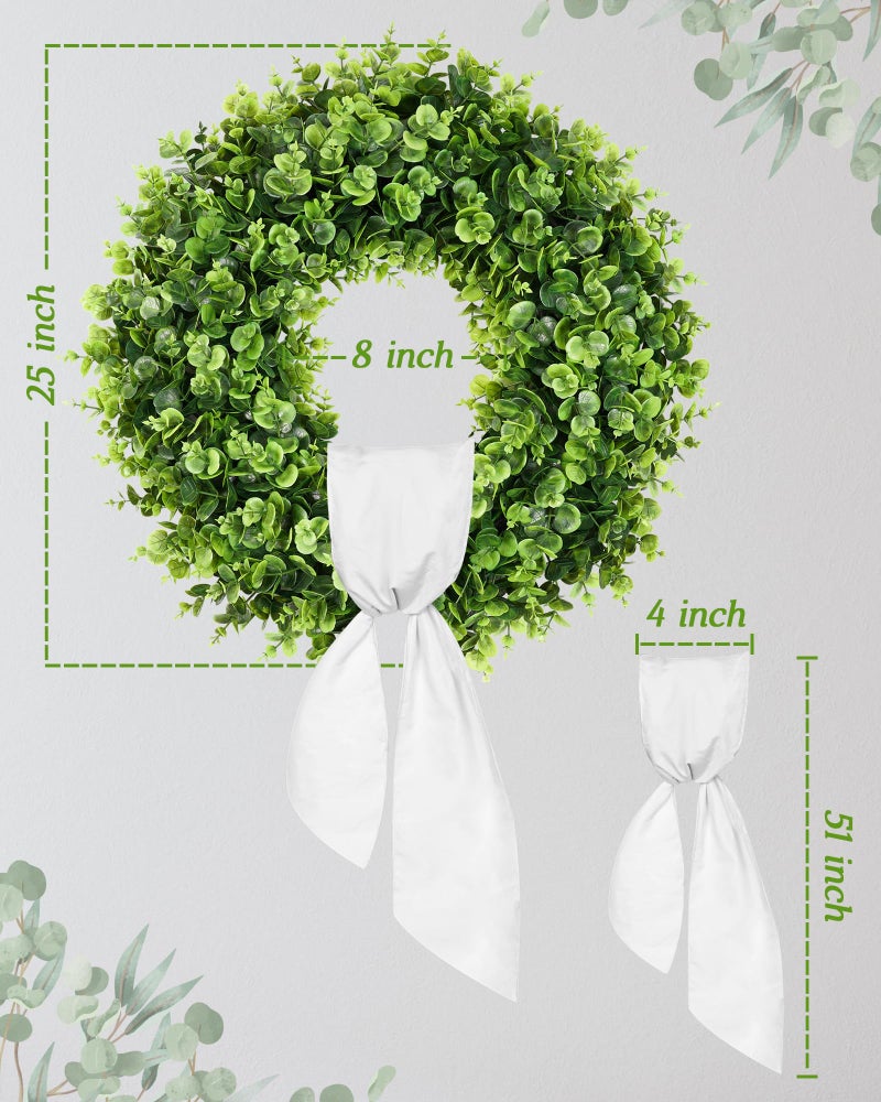 Vlorart 25" Faux Round Boxwood Wreath, Artificial Boxwood Wreath Front Door Wreaths Artificial Spring Summer Greenery Hanging with sash for Front Door Wall Hanging Window Wedding Decor - Image 2