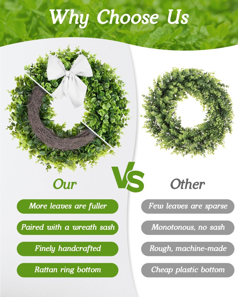 Vlorart 25" Faux Round Boxwood Wreath, Artificial Boxwood Wreath Front Door Wreaths Artificial Spring Summer Greenery Hanging with sash for Front Door Wall Hanging Window Wedding Decor - Image 4