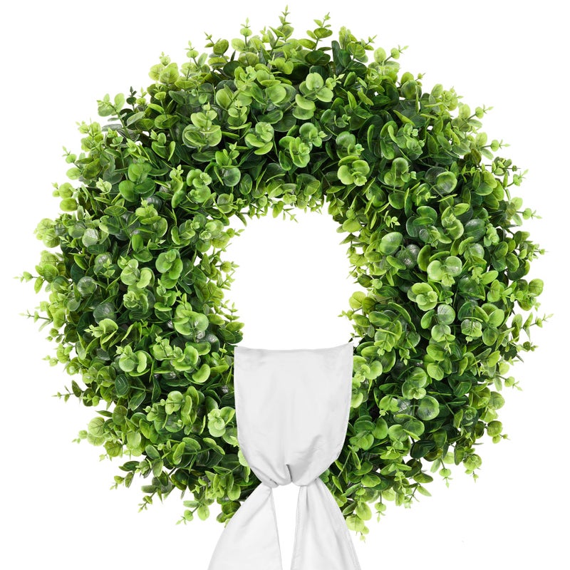Vlorart 25" Faux Round Boxwood Wreath, Artificial Boxwood Wreath Front Door Wreaths Artificial Spring Summer Greenery Hanging with sash for Front Door Wall Hanging Window Wedding Decor - Image 1