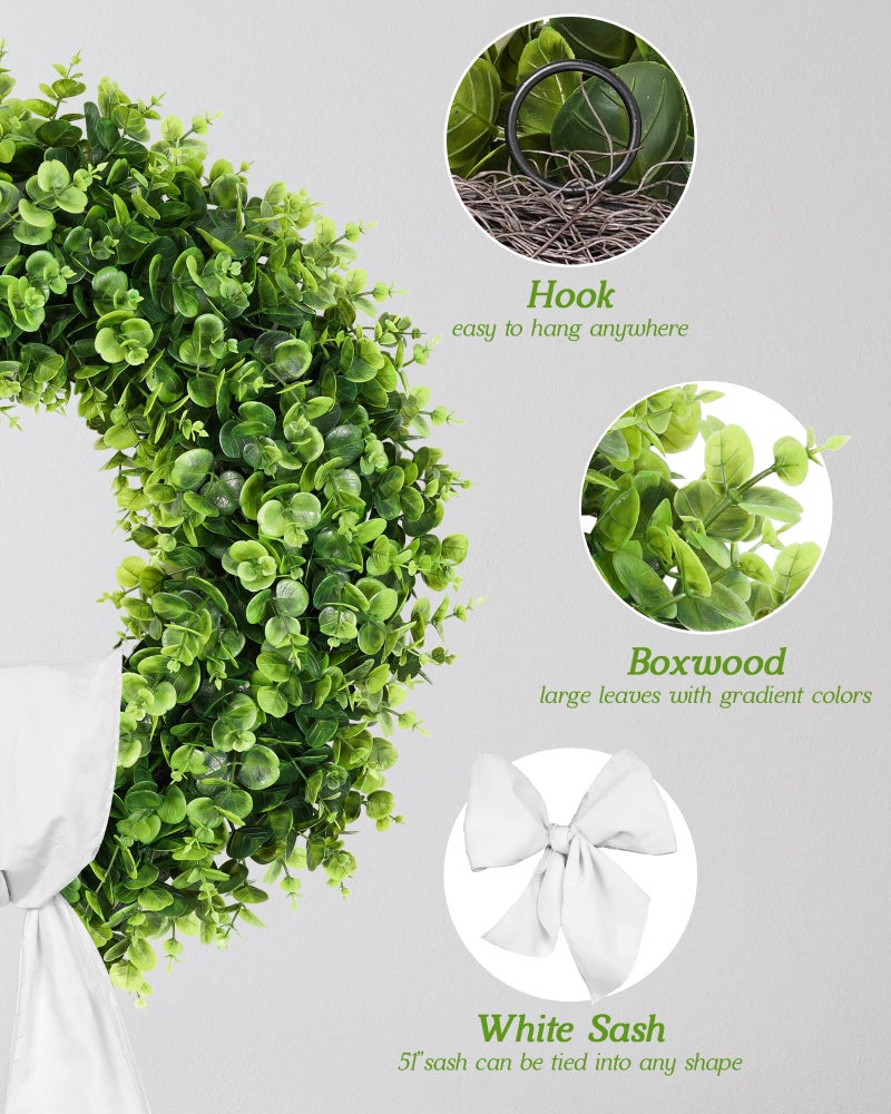 Vlorart 25" Faux Round Boxwood Wreath, Artificial Boxwood Wreath Front Door Wreaths Artificial Spring Summer Greenery Hanging with sash for Front Door Wall Hanging Window Wedding Decor - Image 3