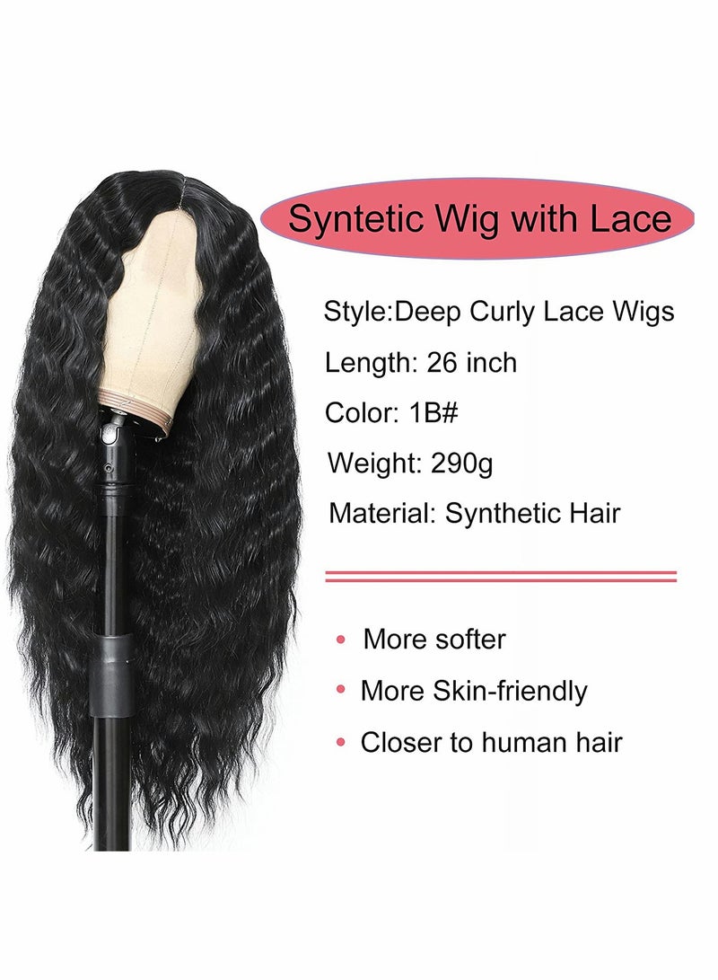 Generic Synthetic Curly, Wig Long Deep, Wave Lace Wigs, for Women 4" Fake Scalp Natural Crimps Curls Black Curly Lace Front Wig, 26" 1B#  - Image 2
