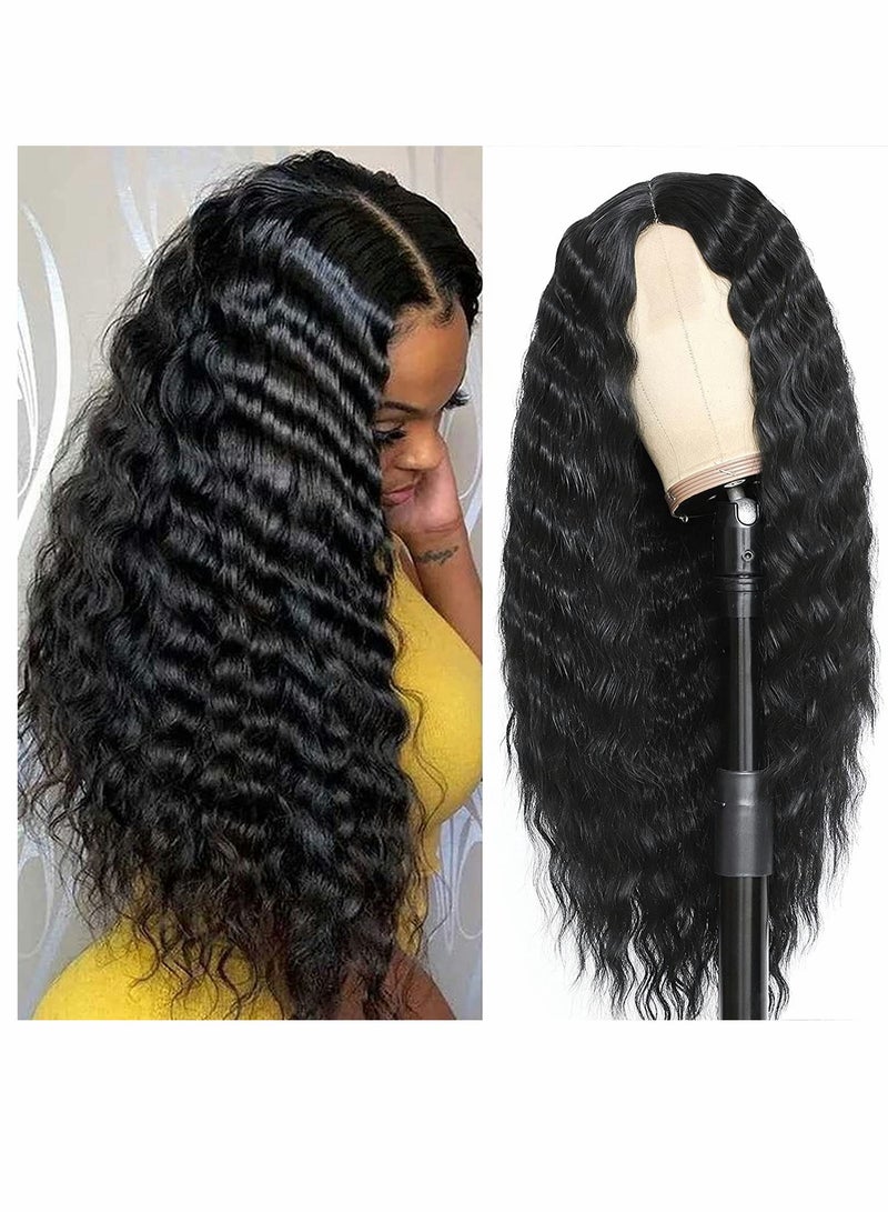 Generic Synthetic Curly, Wig Long Deep, Wave Lace Wigs, for Women 4" Fake Scalp Natural Crimps Curls Black Curly Lace Front Wig, 26" 1B#  - Image 1