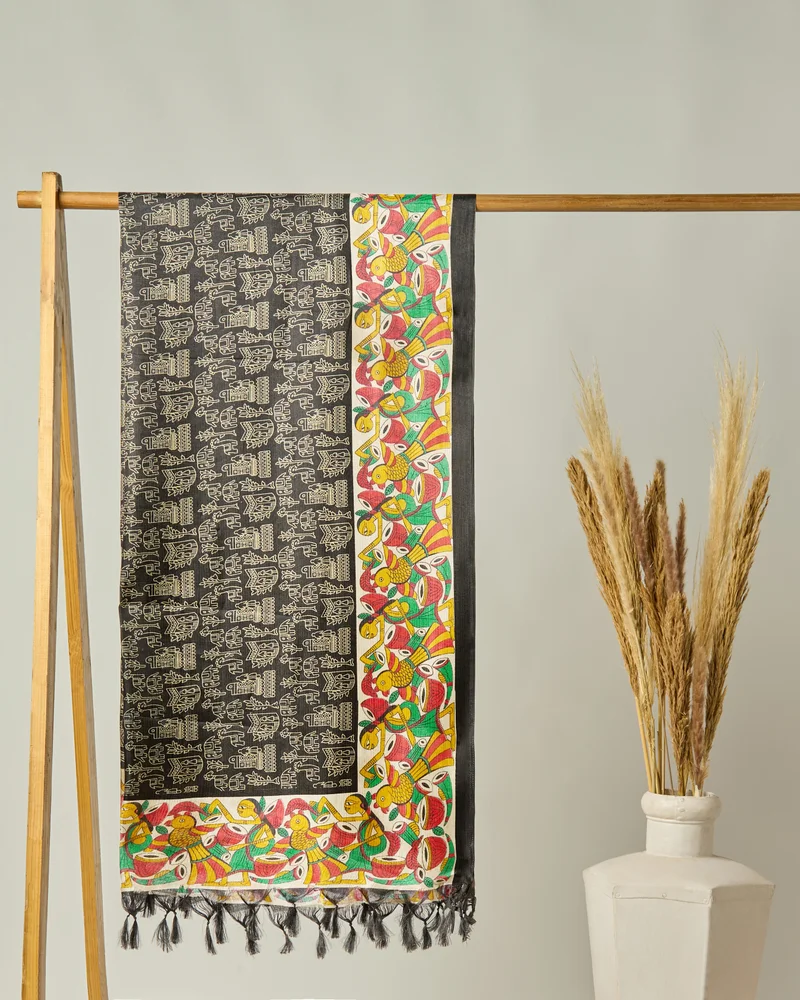 Globus Women Black Ethnic Print Silk Tasselled Border Dupatta
