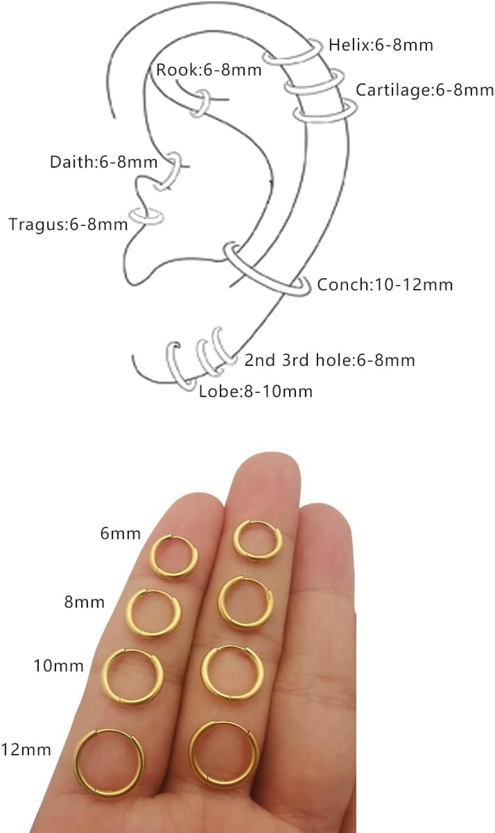 Motbegit Store 316L Surgical Stainless Steel Hoop Earrings,Mens Hoops Earrings Gold Silver Black Hypoallergenic,6mm 8mm 10mm 12mm Small Huggie Hoop Earrings Men Women for Cartilage Piercings - Image 5
