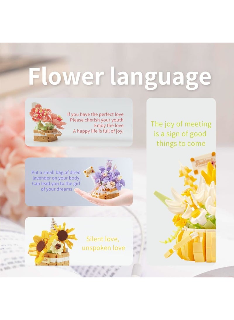 SYOSI Flower Bouquet Building Blocks Set, DIY Artificial Flower Bonsai Basket with Miniature Blocks, Creative Botanical Collection for Home Office Desk Decoration and Gift, 4 Sets - Image 4