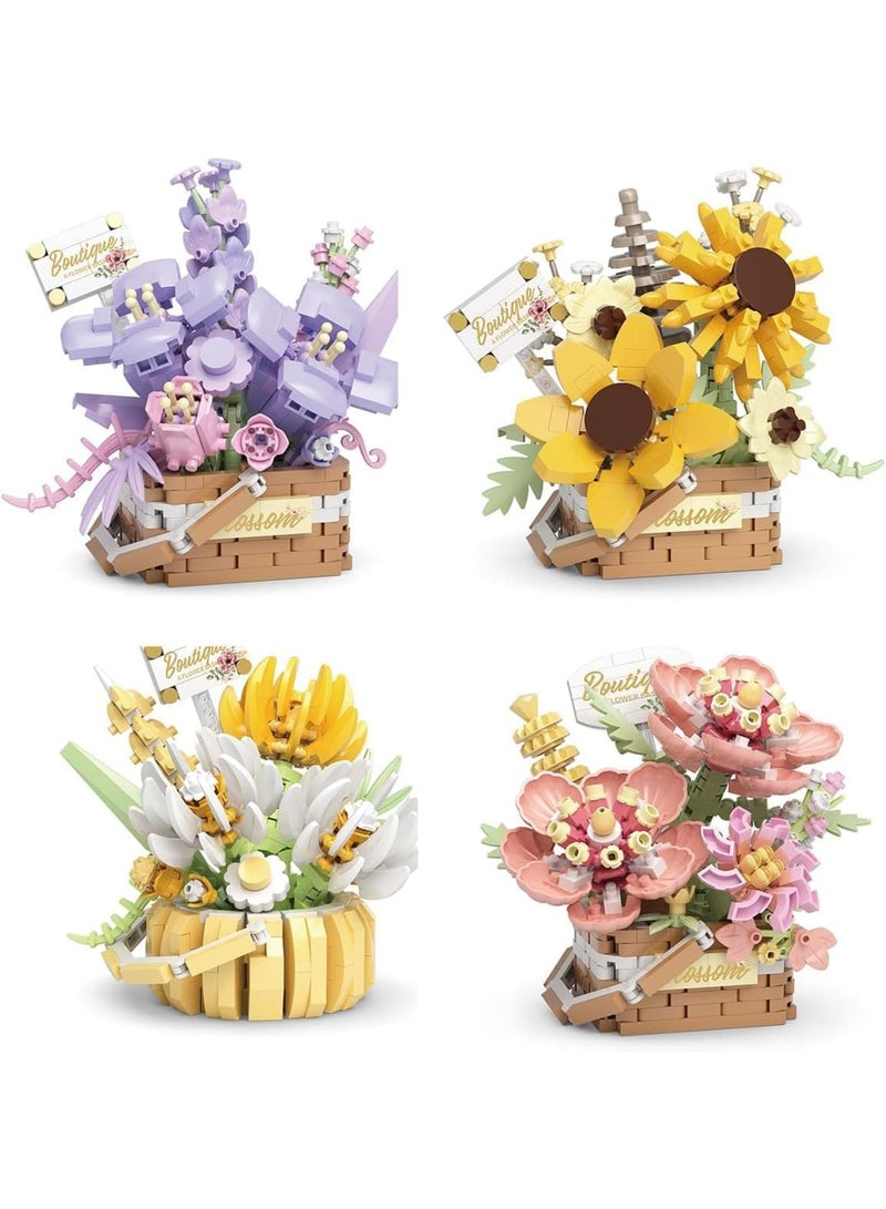 SYOSI Flower Bouquet Building Blocks Set, DIY Artificial Flower Bonsai Basket with Miniature Blocks, Creative Botanical Collection for Home Office Desk Decoration and Gift, 4 Sets - Image 1