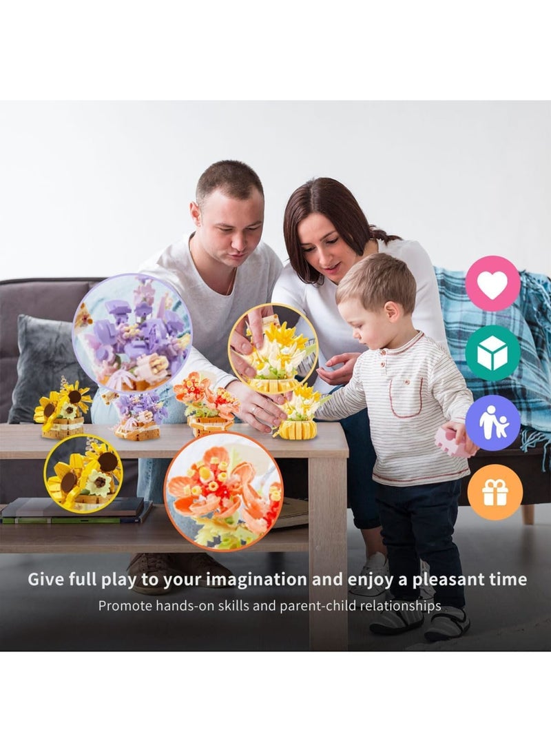 SYOSI Flower Bouquet Building Blocks Set, DIY Artificial Flower Bonsai Basket with Miniature Blocks, Creative Botanical Collection for Home Office Desk Decoration and Gift, 4 Sets - Image 3
