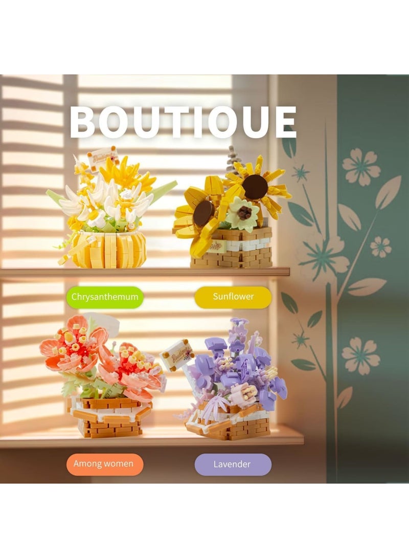 SYOSI Flower Bouquet Building Blocks Set, DIY Artificial Flower Bonsai Basket with Miniature Blocks, Creative Botanical Collection for Home Office Desk Decoration and Gift, 4 Sets - Image 5